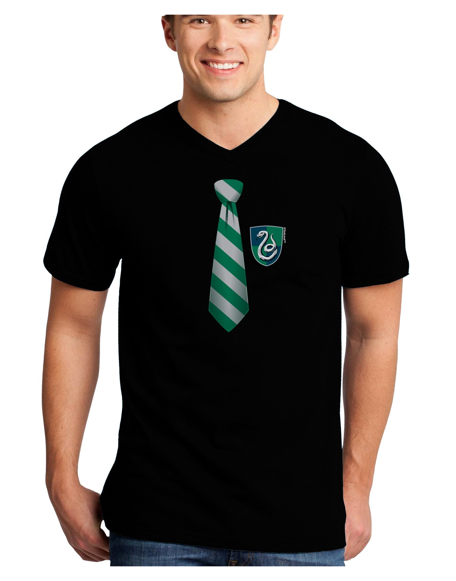 TooLoud Wizard Tie Green and Silver Adult Dark V-Neck T-Shirt-TooLoud-Black-Small-Davson Sales