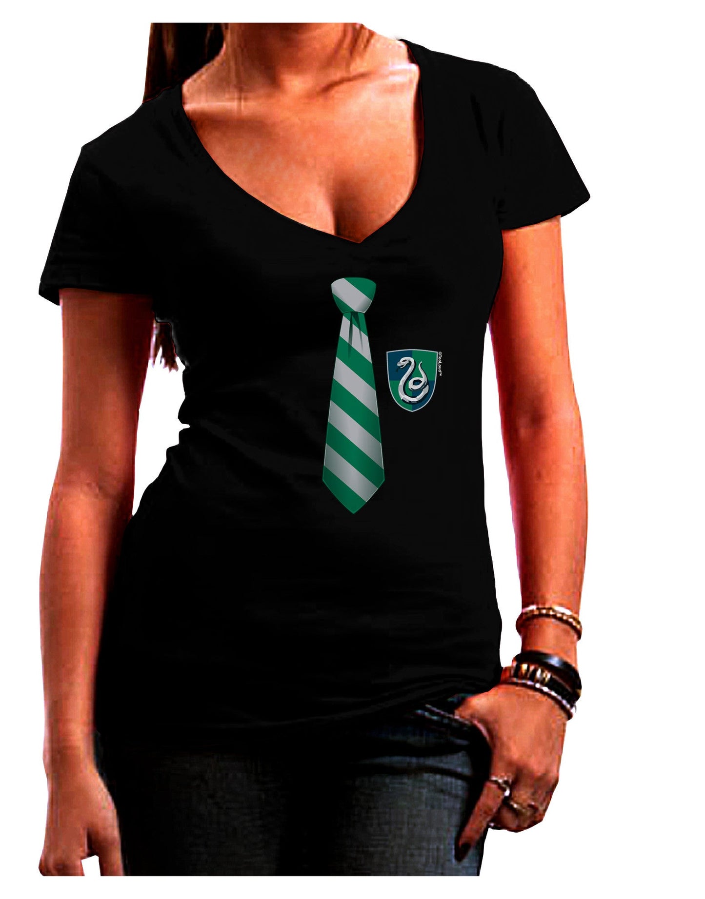 TooLoud Wizard Tie Green and Silver Womens V-Neck Dark T-Shirt-Womens V-Neck T-Shirts-TooLoud-Black-Juniors Fitted Small-Davson Sales