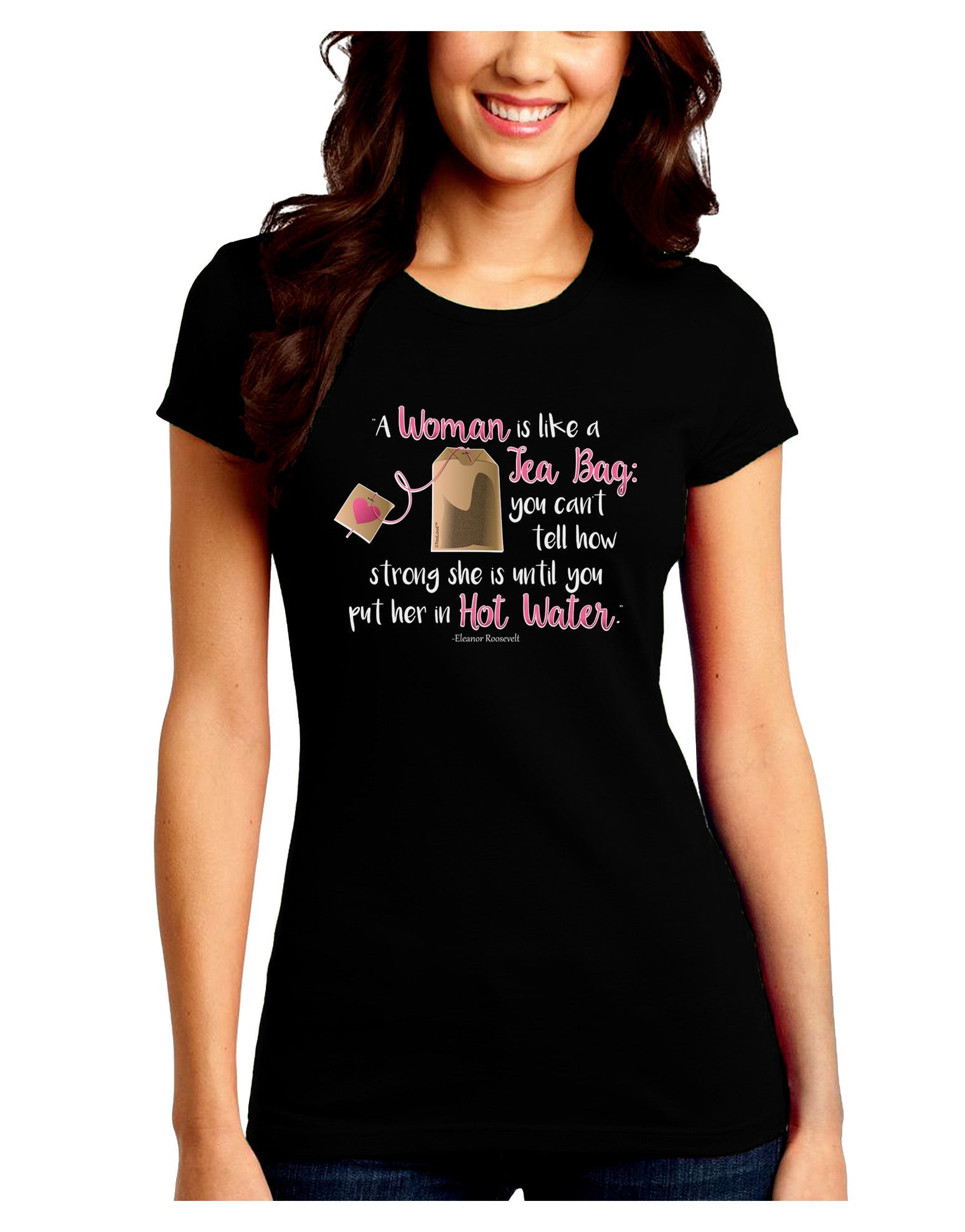 TooLoud Woman Like A Tea Bag Eleanor R Juniors Petite Crew Dark T-Shirt-T-Shirts Juniors Tops-TooLoud-Black-Juniors Fitted Small-Davson Sales