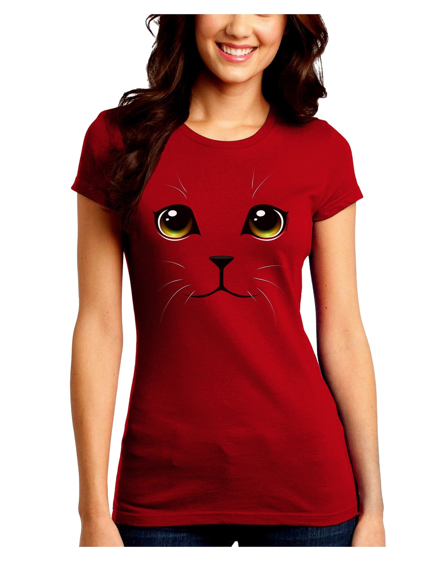 TooLoud Yellow Amber-Eyed Cute Cat Face Juniors Petite Crew Dark T-Shirt-T-Shirts Juniors Tops-TooLoud-Red-Juniors Fitted Small-Davson Sales