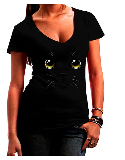 TooLoud Yellow Amber-Eyed Cute Cat Face Womens V-Neck Dark T-Shirt-Womens V-Neck T-Shirts-TooLoud-Black-Juniors Fitted Small-Davson Sales