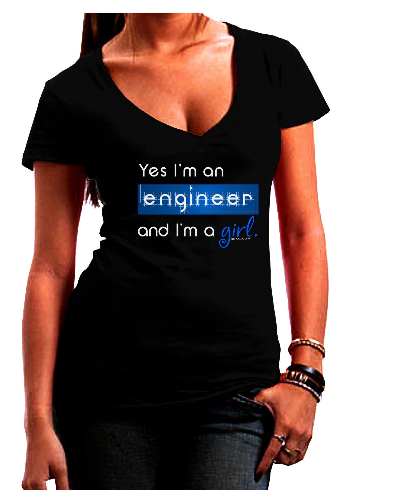 TooLoud Yes I am a Engineer Girl Womens V-Neck Dark T-Shirt-Womens V-Neck T-Shirts-TooLoud-Black-Juniors Fitted Small-Davson Sales