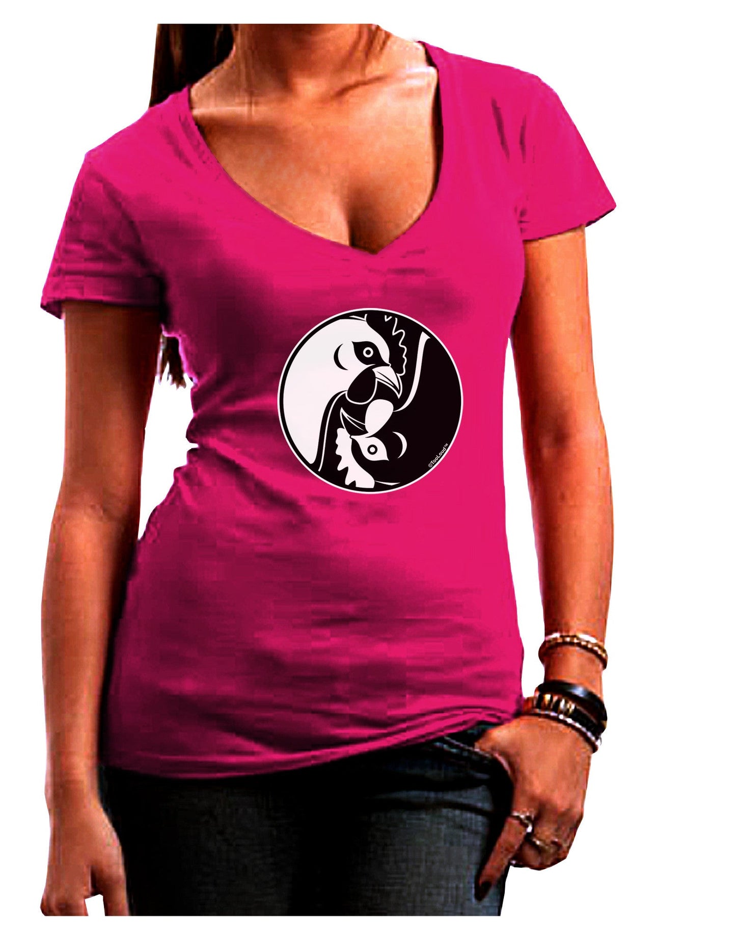 TooLoud Yin Yang Chicken Womens V-Neck Dark T-Shirt-Womens V-Neck T-Shirts-TooLoud-Hot-Pink-Juniors Fitted Small-Davson Sales