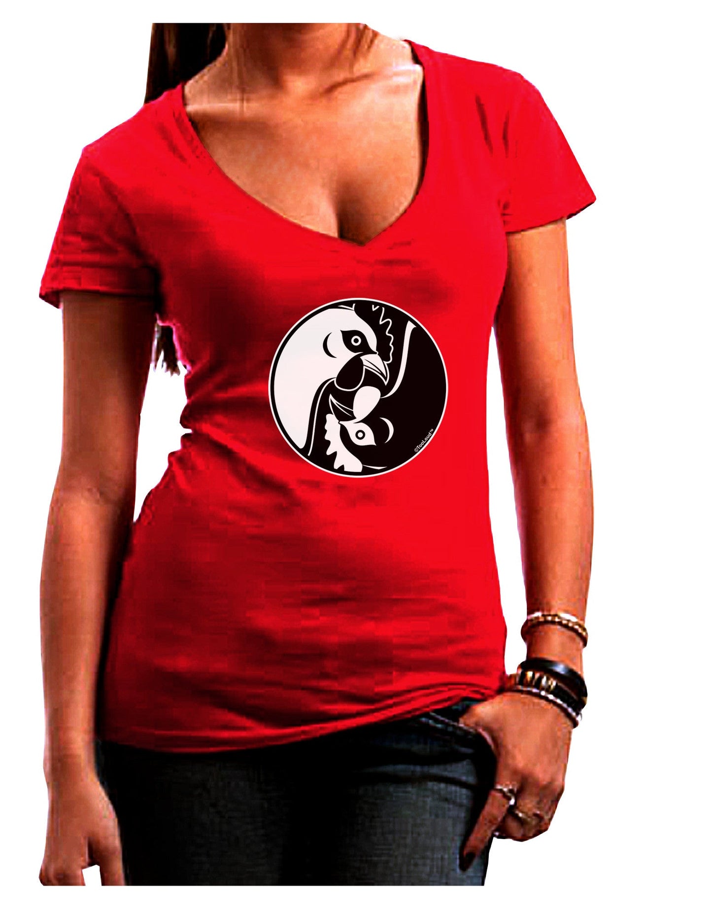 TooLoud Yin Yang Chicken Womens V-Neck Dark T-Shirt-Womens V-Neck T-Shirts-TooLoud-Red-Juniors Fitted Small-Davson Sales