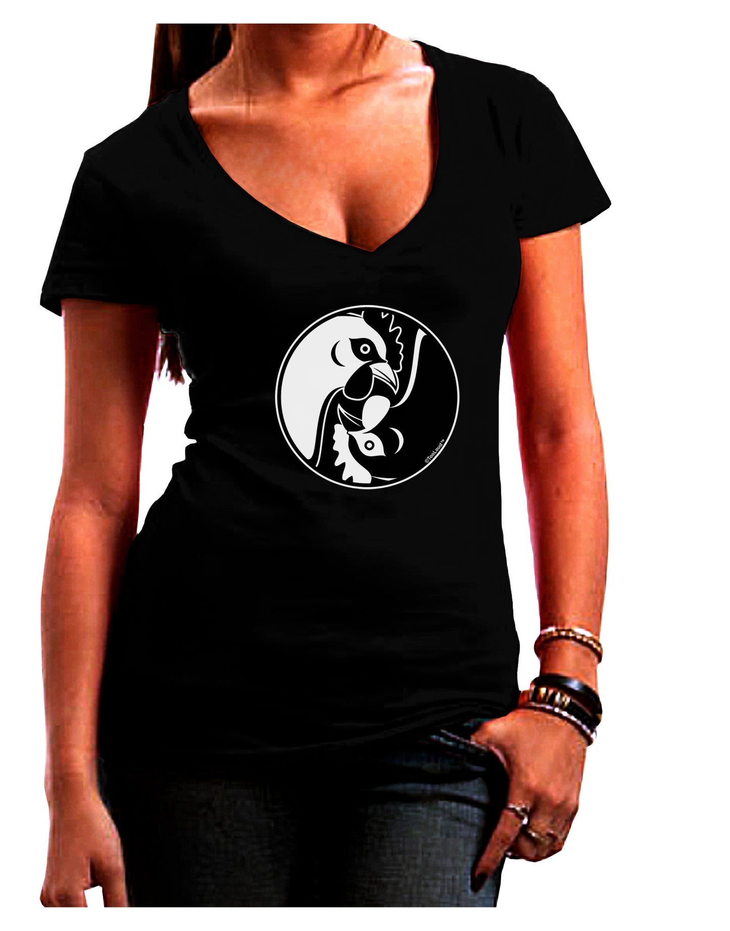 TooLoud Yin Yang Chicken Womens V-Neck Dark T-Shirt-Womens V-Neck T-Shirts-TooLoud-Black-Juniors Fitted Small-Davson Sales