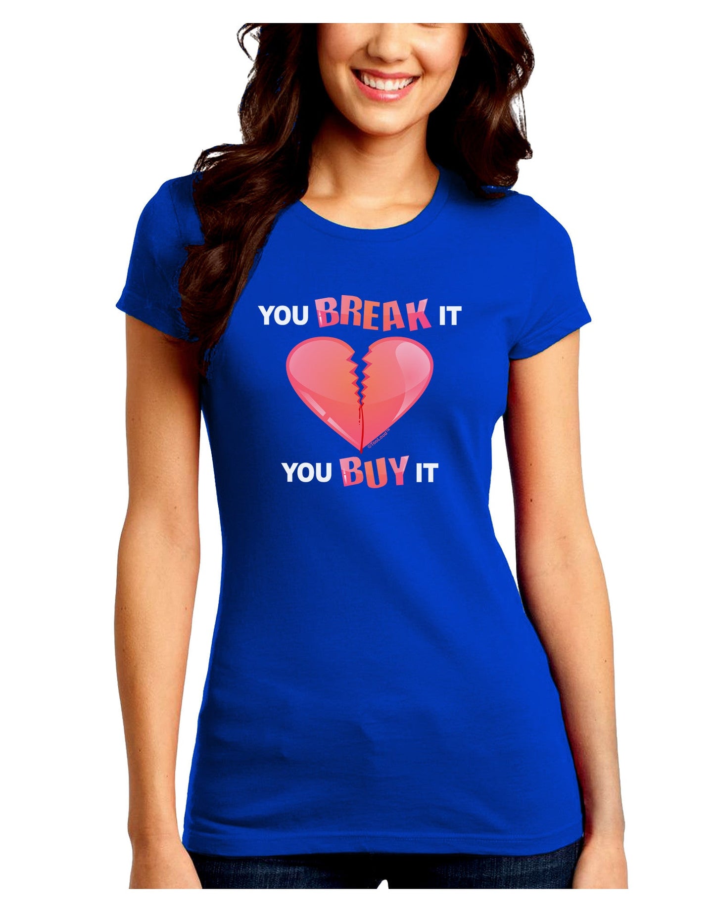 TooLoud You Break It You Buy It Heart Juniors Petite Crew Dark T-Shirt-T-Shirts Juniors Tops-TooLoud-Royal-Blue-Juniors Fitted Small-Davson Sales