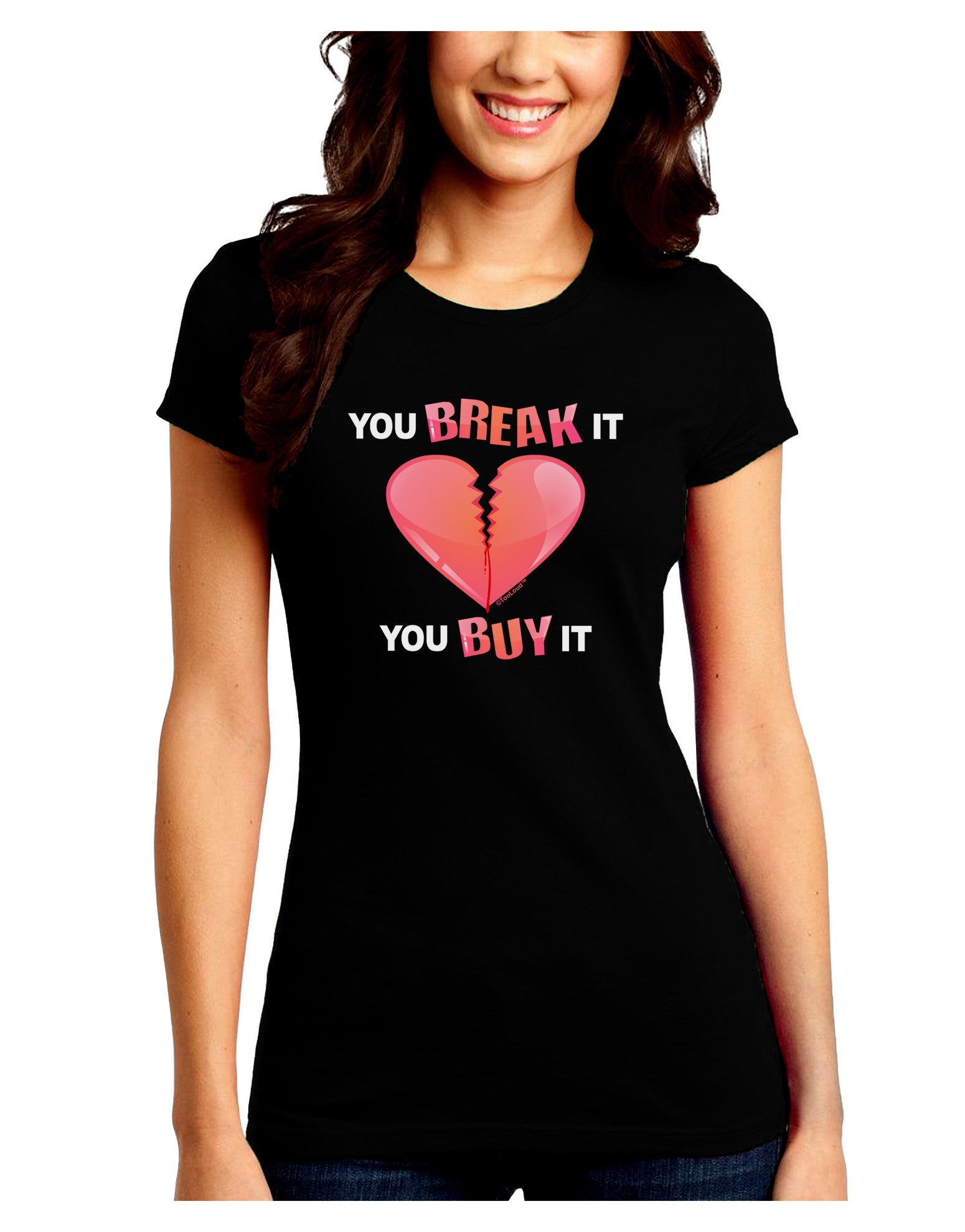 TooLoud You Break It You Buy It Heart Juniors Petite Crew Dark T-Shirt-T-Shirts Juniors Tops-TooLoud-Black-Juniors Fitted Small-Davson Sales