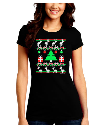 Tree with Gifts Ugly Christmas Sweater Juniors Crew Dark T-Shirt-T-Shirts Juniors Tops-TooLoud-Black-Juniors Fitted Small-Davson Sales