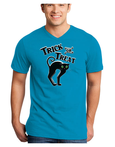 Trick or Treat Cute Black Cat Halloween Adult Dark V-Neck T-Shirt-TooLoud-Turquoise-Small-Davson Sales