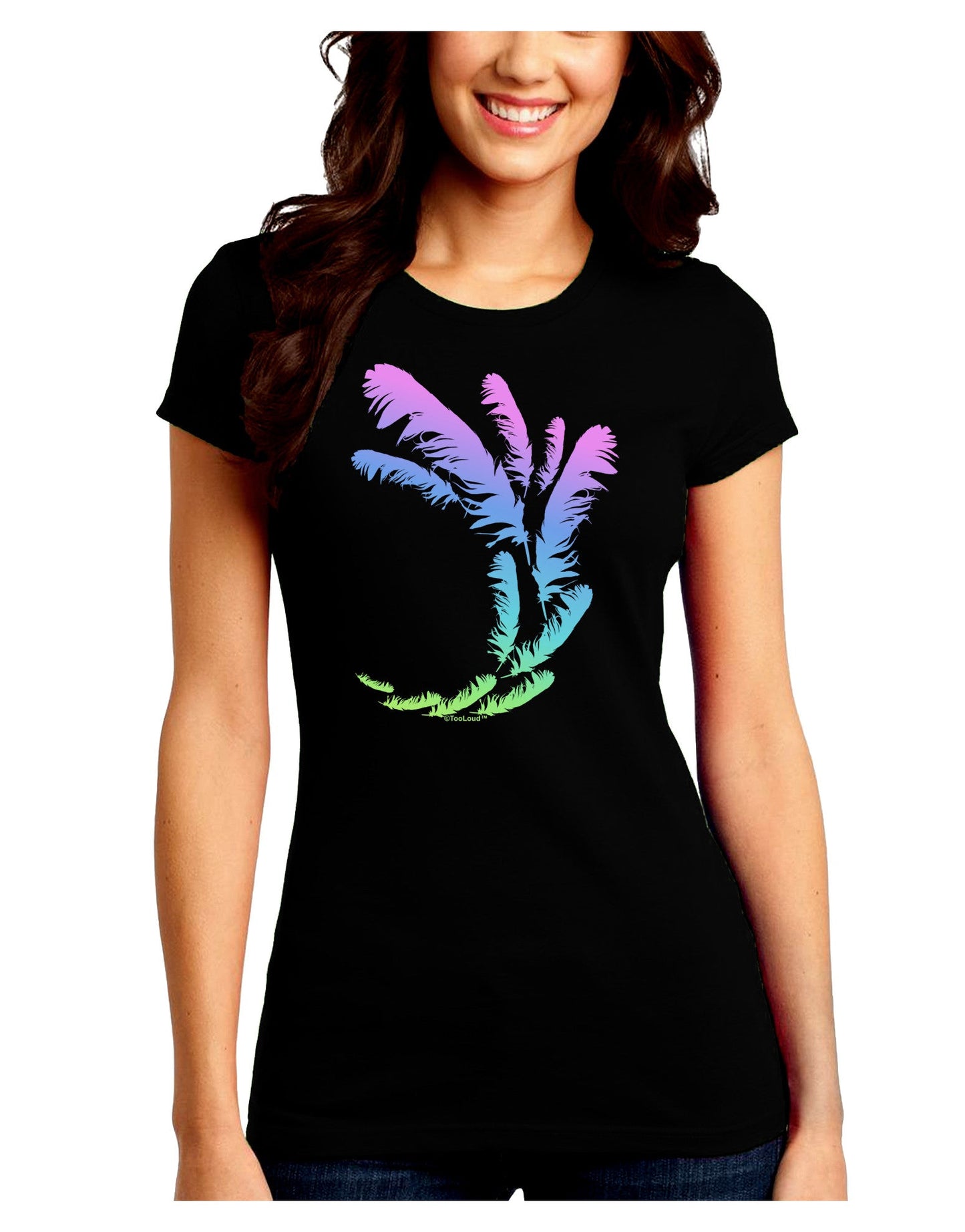 Tropical Feathers Juniors Petite Crew Dark T-Shirt-T-Shirts Juniors Tops-TooLoud-Black-Juniors Fitted Small-Davson Sales