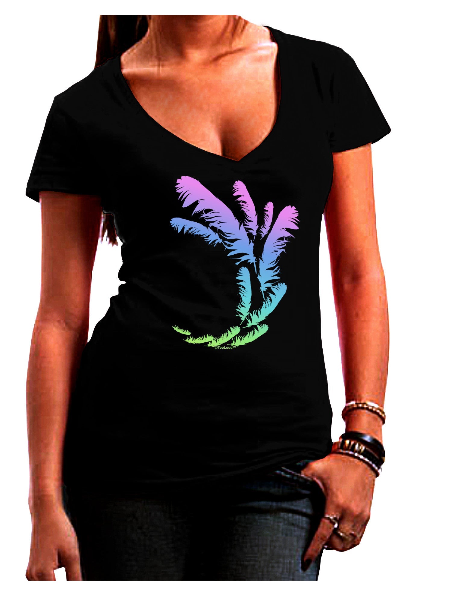 Tropical Feathers Womens V-Neck Dark T-Shirt-Womens V-Neck T-Shirts-TooLoud-Black-Juniors Fitted Small-Davson Sales