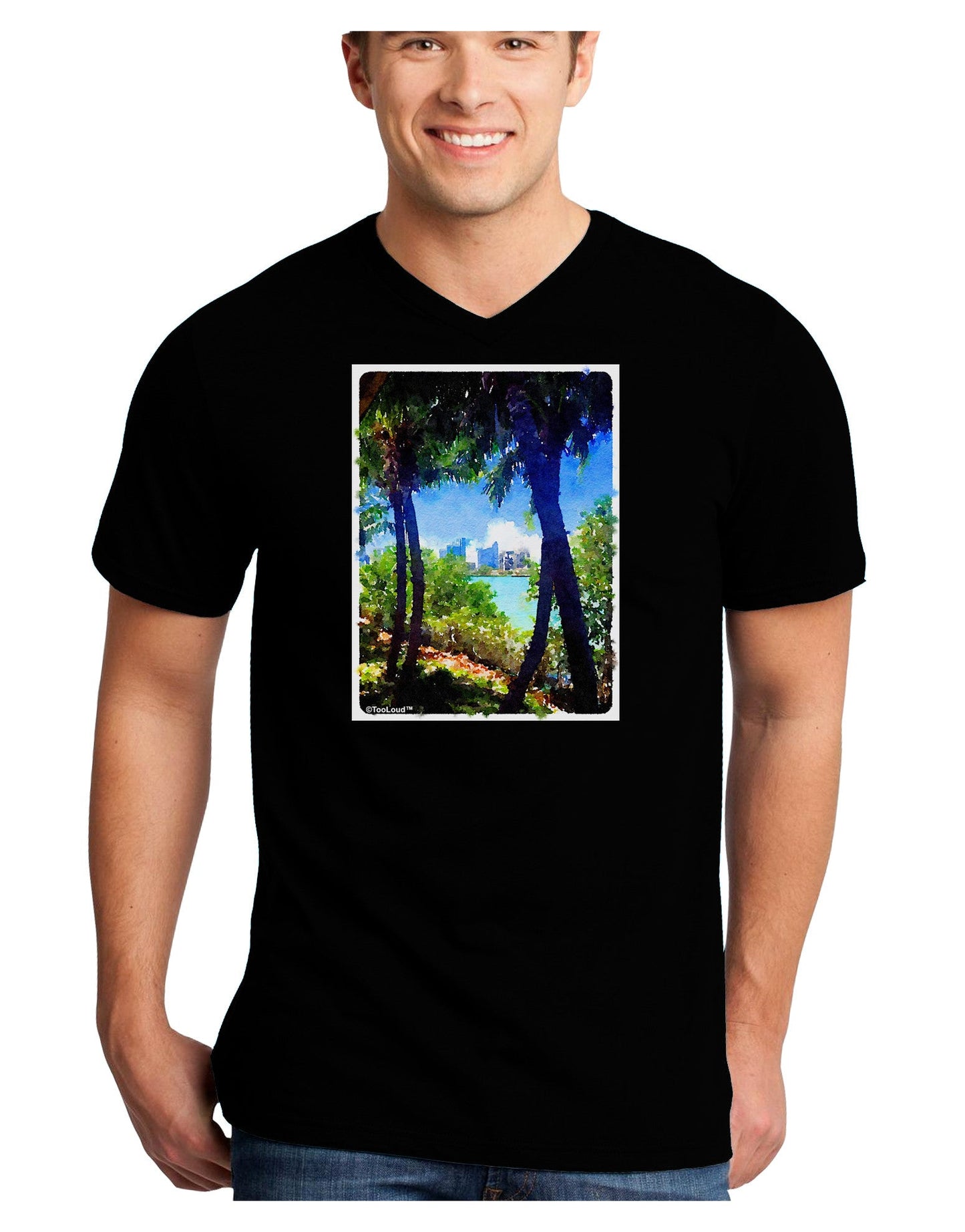 Tropical Skyline Adult Dark V-Neck T-Shirt-TooLoud-Black-Small-Davson Sales