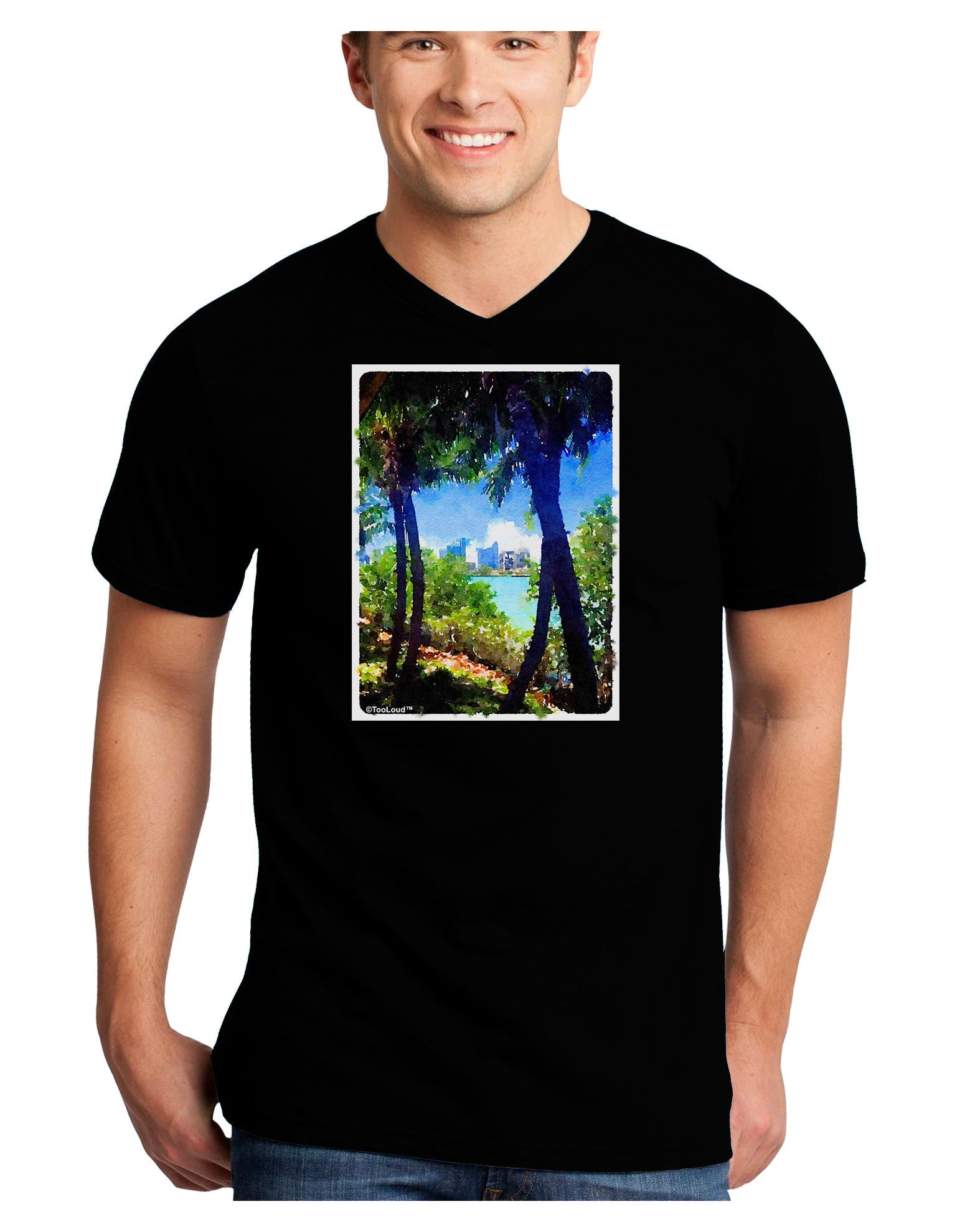 Tropical Skyline Adult Dark V-Neck T-Shirt-TooLoud-Black-Small-Davson Sales