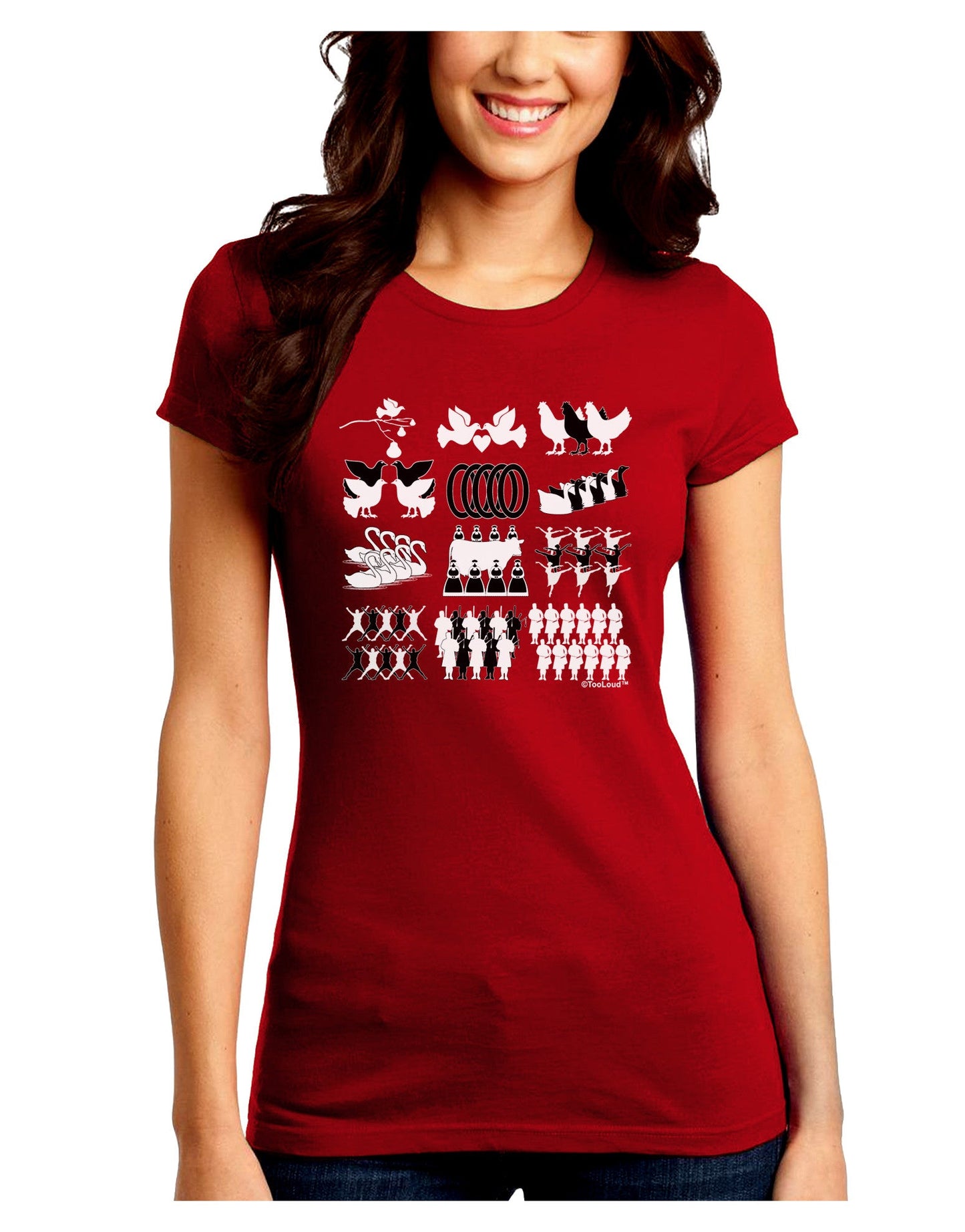 Twelve Days of Christmas Juniors Crew Dark T-Shirt-T-Shirts Juniors Tops-TooLoud-Red-Juniors Fitted Small-Davson Sales