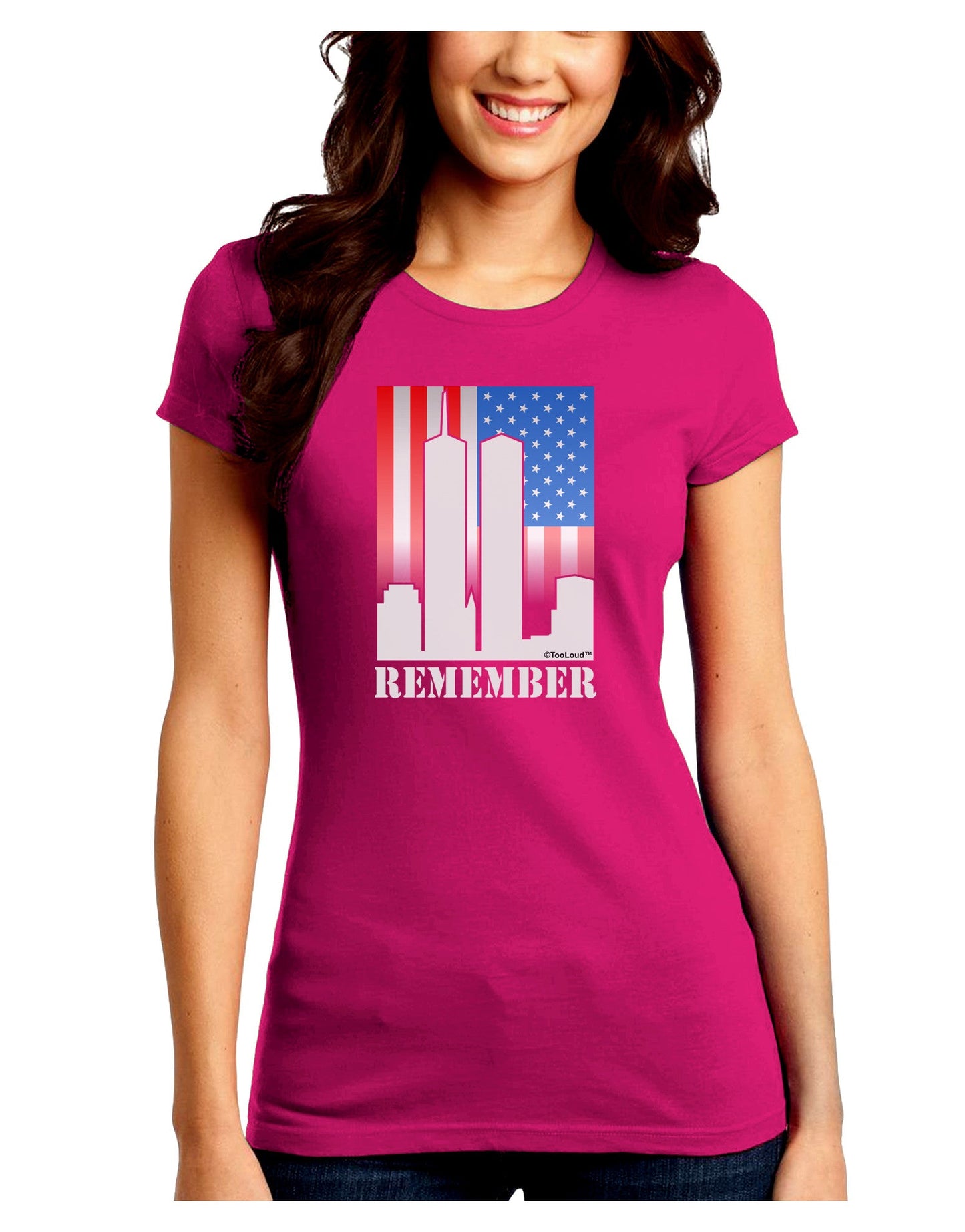 Twin Towers Remember Juniors Petite Crew Dark T-Shirt-T-Shirts Juniors Tops-TooLoud-Hot-Pink-Juniors Fitted Small-Davson Sales