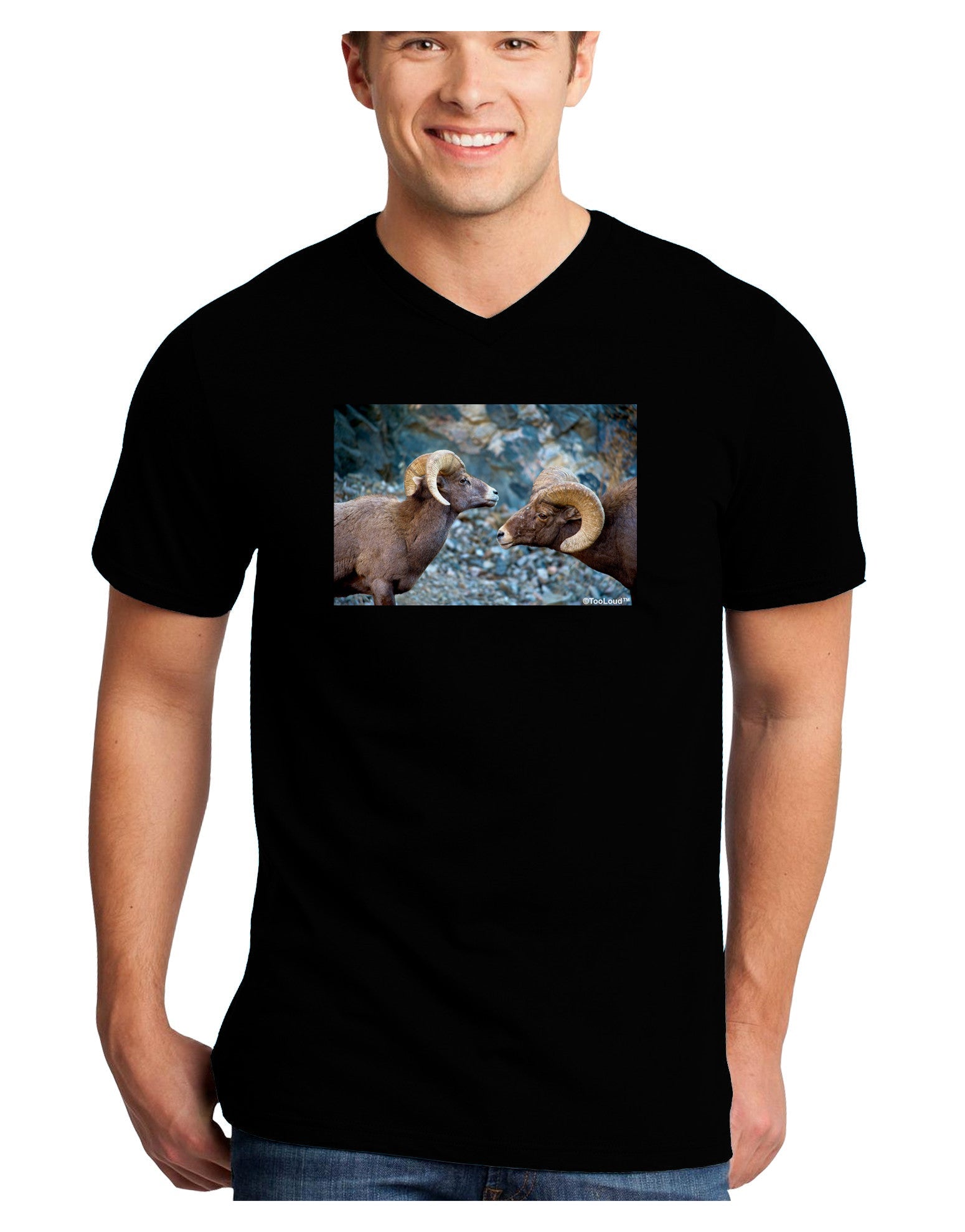 Two Bighorn Rams Adult Dark V-Neck T-Shirt-TooLoud-Black-Small-Davson Sales