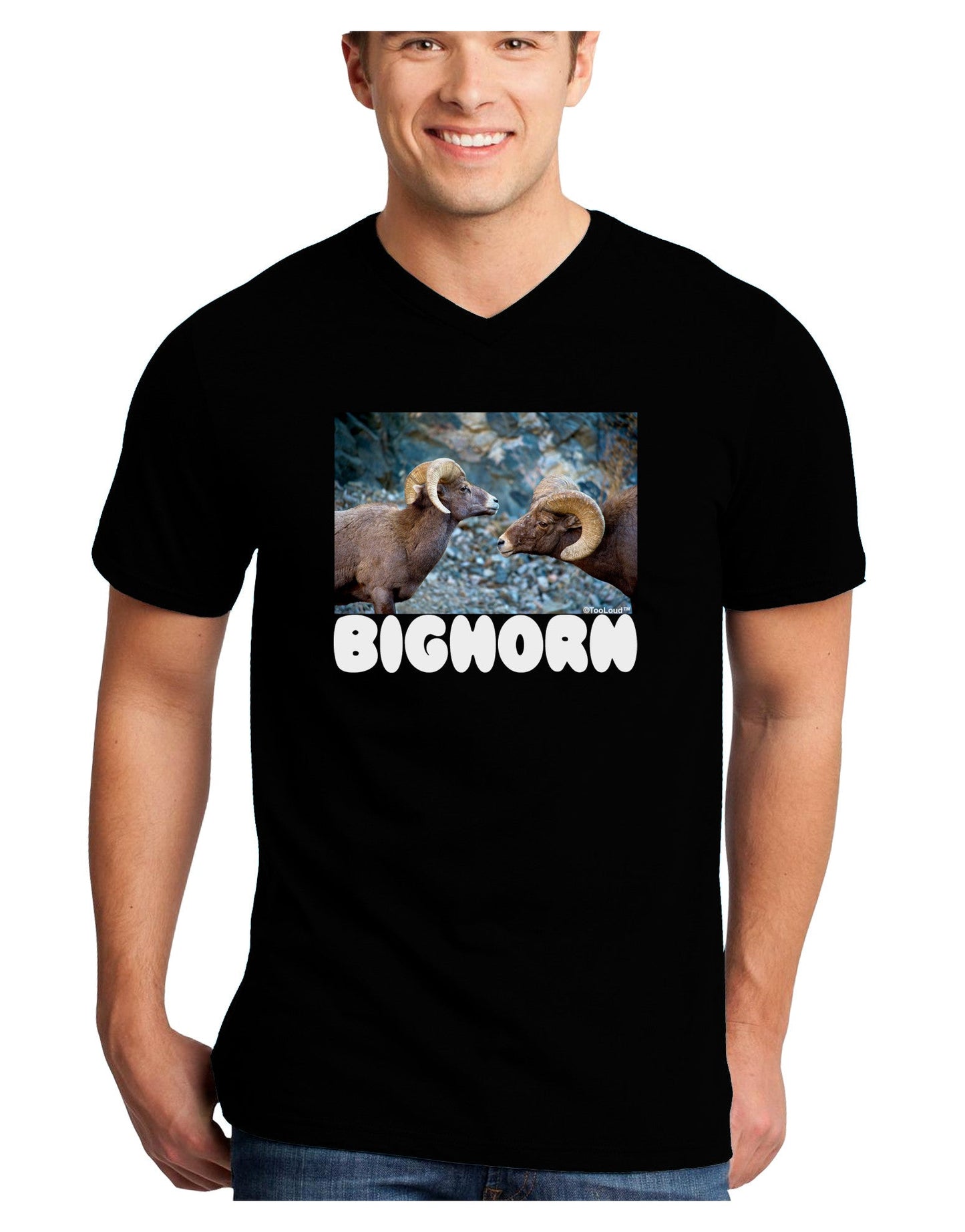 Two Bighorn Rams Text Adult Dark V-Neck T-Shirt-TooLoud-Black-Small-Davson Sales