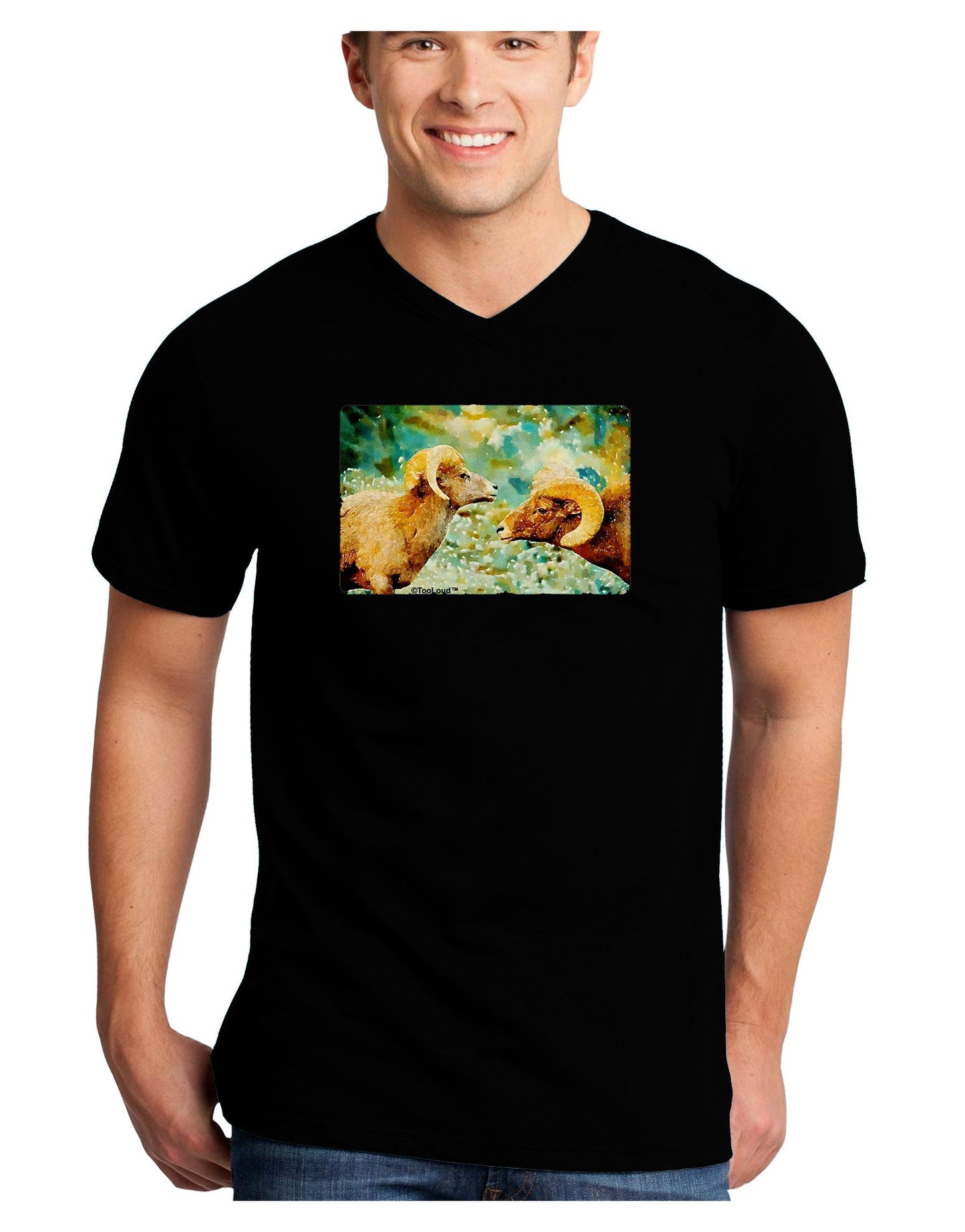 Two Bighorn Rams Watercolor Adult Dark V-Neck T-Shirt-TooLoud-Black-Small-Davson Sales