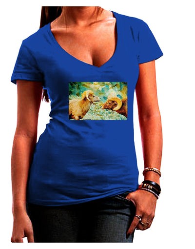 Two Bighorn Rams Watercolor Juniors V-Neck Dark T-Shirt-Womens V-Neck T-Shirts-TooLoud-Royal-Blue-Juniors Fitted Small-Davson Sales