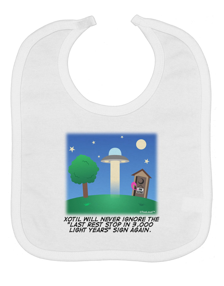 UFO Stopping At an Out-house Text Baby Bib by TooLoud