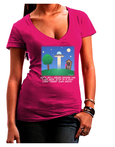 UFO Stopping At an Out-house Text Juniors V-Neck Dark T-Shirt by TooLoud-Womens V-Neck T-Shirts-TooLoud-Hot-Pink-Juniors Fitted Small-Davson Sales