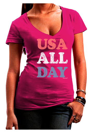 USA All Day - Distressed Patriotic Design Juniors V-Neck Dark T-Shirt by TooLoud-Womens V-Neck T-Shirts-TooLoud-Hot-Pink-Juniors Fitted Small-Davson Sales