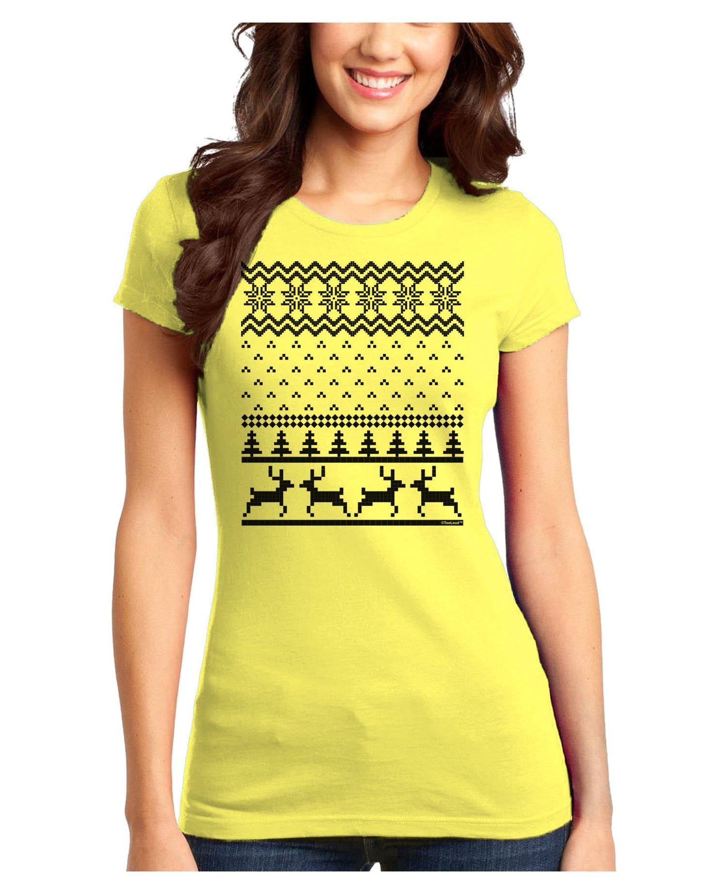 Ugly Christmas Sweater Snowflake Reindeer Pattern Juniors T-Shirt-Womens Juniors T-Shirt-TooLoud-Yellow-Juniors Fitted XS-Davson Sales
