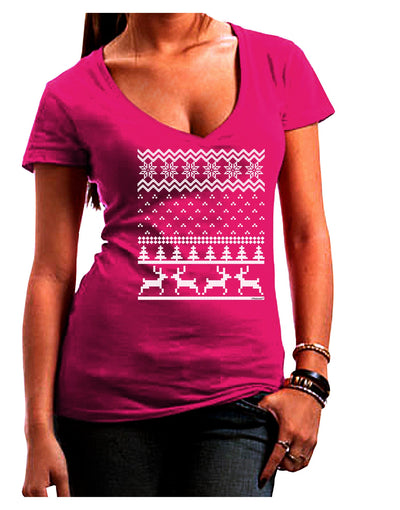 Ugly Christmas Sweater Snowflake Reindeer Pattern Juniors V-Neck Dark T-Shirt-Womens V-Neck T-Shirts-TooLoud-Hot-Pink-Juniors Fitted Small-Davson Sales