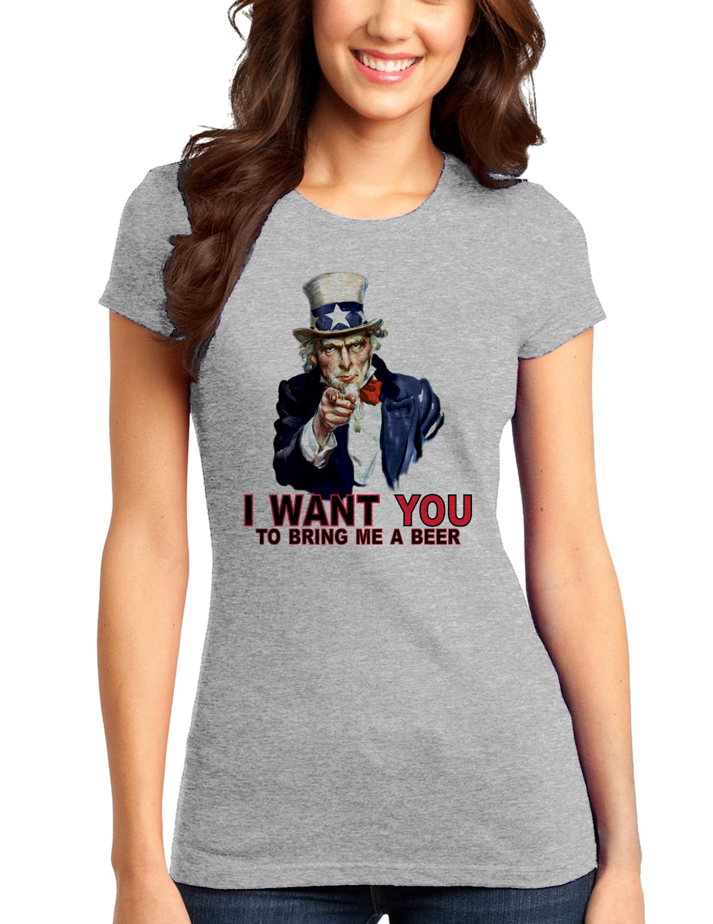 Uncle Sam I Want You to Bring me a Beer Juniors T-Shirt-Womens Juniors T-Shirt-TooLoud-Heather-Gray-Small-Davson Sales