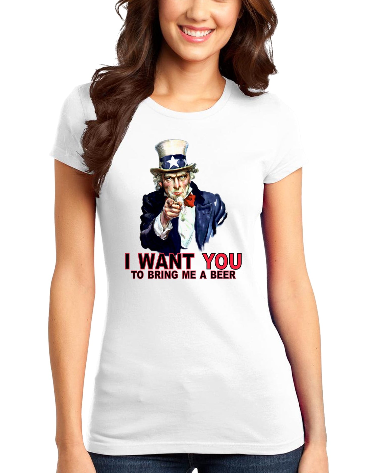 Uncle Sam I Want You to Bring me a Beer Juniors T-Shirt-Womens Juniors T-Shirt-TooLoud-White-Small-Davson Sales