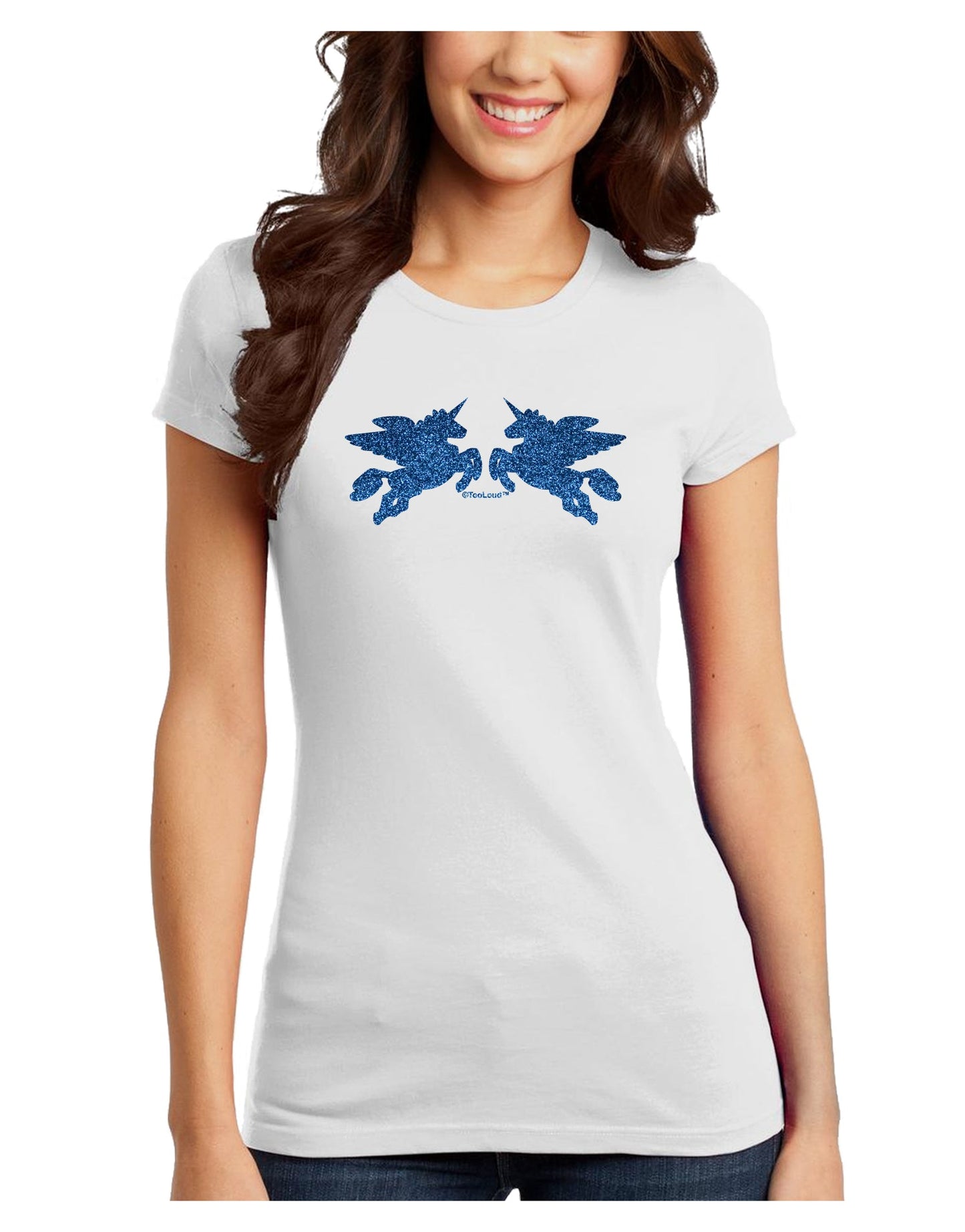 Unicorn Pegasus Blue Glitter Juniors T-Shirt by TooLoud-Womens Juniors T-Shirt-TooLoud-White-Juniors Fitted X-Small-Davson Sales