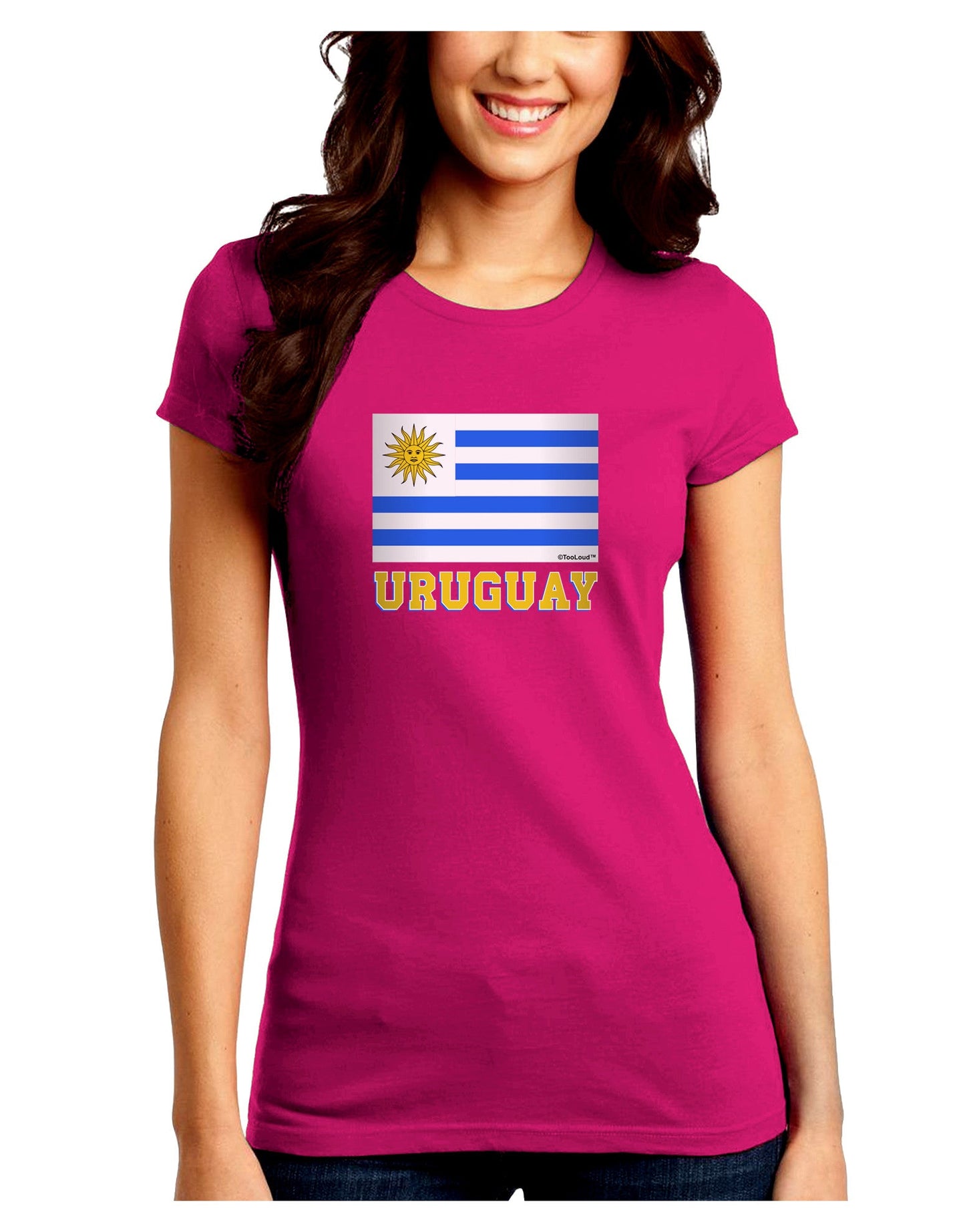 Uruguay Flag Dark Juniors Petite Crew Dark T-Shirt-T-Shirts Juniors Tops-TooLoud-Hot-Pink-Juniors Fitted Small-Davson Sales