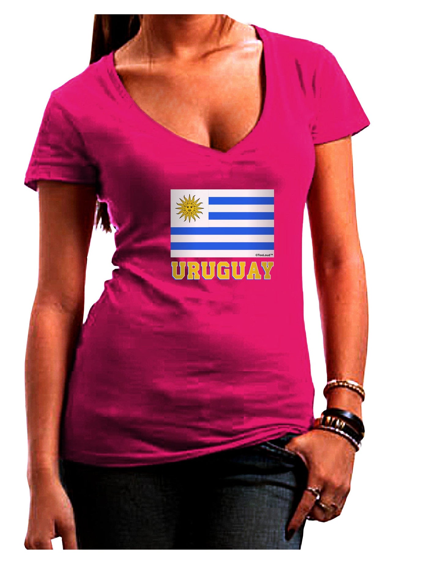 Uruguay Flag Dark Womens V-Neck Dark T-Shirt-Womens V-Neck T-Shirts-TooLoud-Hot-Pink-Juniors Fitted Small-Davson Sales