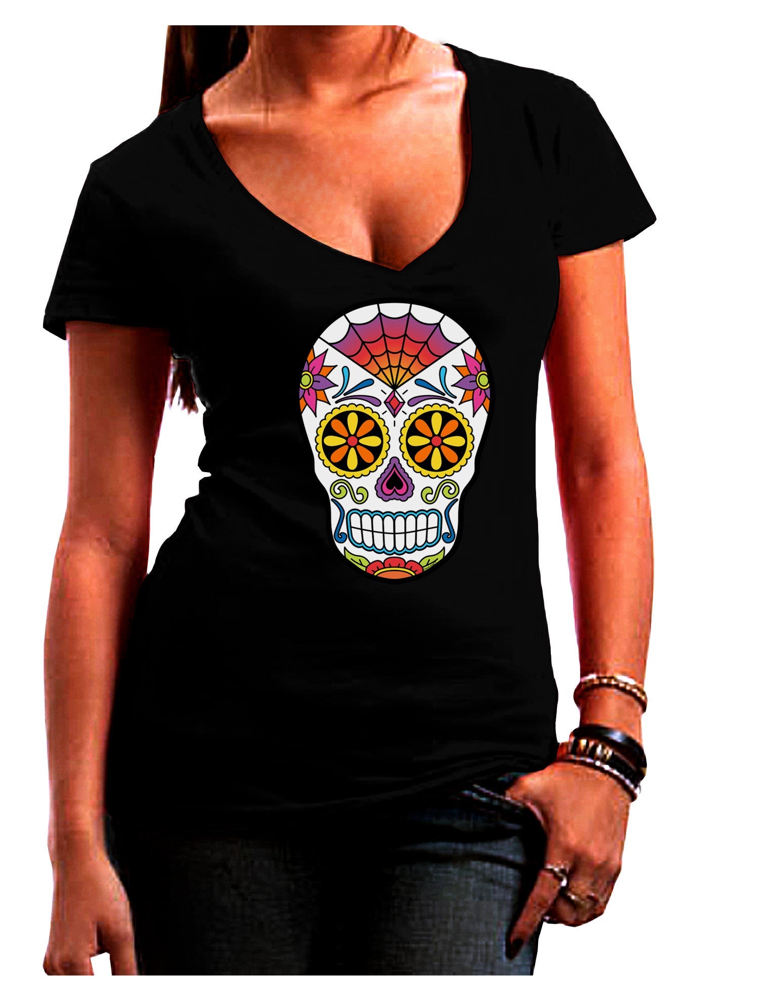 Version 1 Colorful Day of the Dead Calavera Juniors V-Neck Dark T-Shirt-Womens V-Neck T-Shirts-TooLoud-Black-Small-Davson Sales