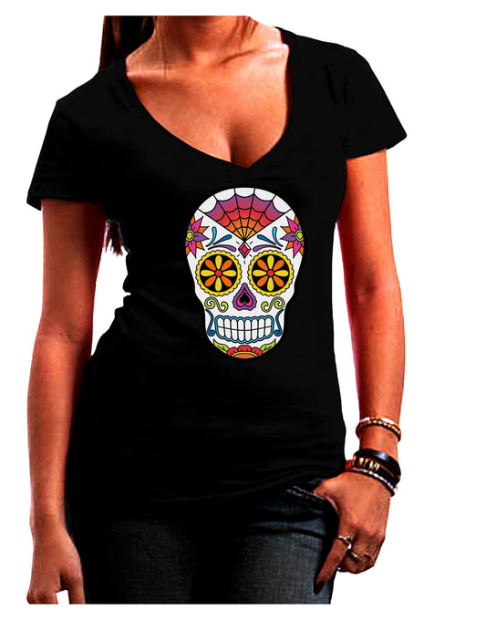 Version 1 Colorful Day of the Dead Calavera Juniors V-Neck Dark T-Shirt-Womens V-Neck T-Shirts-TooLoud-Black-Small-Davson Sales