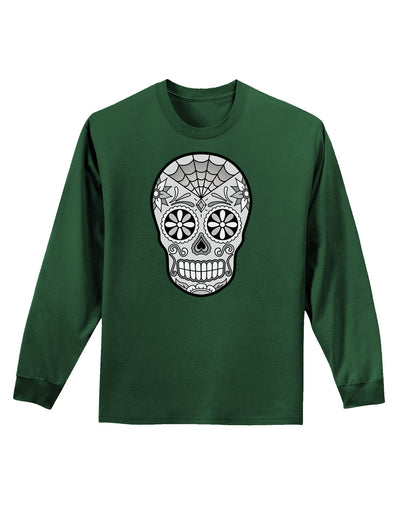 Version 10 Grayscale Day of the Dead Calavera Adult Long Sleeve Dark T-Shirt-TooLoud-Dark-Green-Small-Davson Sales