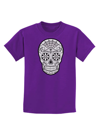 Version 10 Grayscale Day of the Dead Calavera Childrens Dark T-Shirt-Childrens T-Shirt-TooLoud-Purple-X-Small-Davson Sales