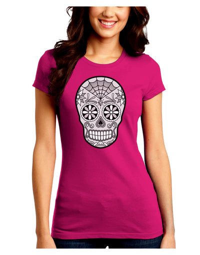 Version 10 Grayscale Day of the Dead Calavera Juniors Crew Dark T-Shirt-T-Shirts Juniors Tops-TooLoud-Hot-Pink-Juniors Fitted Small-Davson Sales