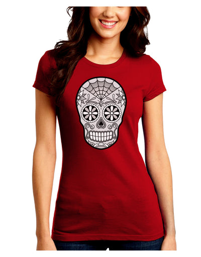 Version 10 Grayscale Day of the Dead Calavera Juniors Crew Dark T-Shirt-T-Shirts Juniors Tops-TooLoud-Red-Juniors Fitted Small-Davson Sales