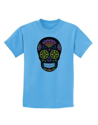 Version 2 Black Day of the Dead Calavera Childrens T-Shirt-Childrens T-Shirt-TooLoud-Aquatic-Blue-X-Small-Davson Sales