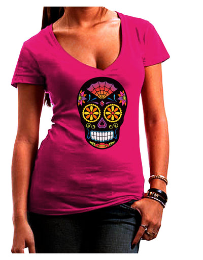 Version 2 Black Day of the Dead Calavera Juniors V-Neck Dark T-Shirt-Womens V-Neck T-Shirts-TooLoud-Hot-Pink-Small-Davson Sales