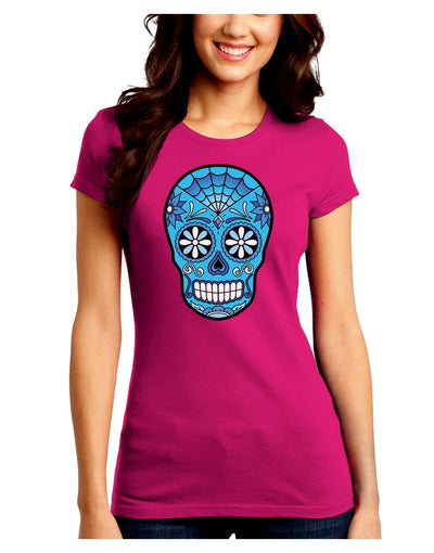 Version 3 Blue Day of the Dead Calavera Juniors Crew Dark T-Shirt-T-Shirts Juniors Tops-TooLoud-Hot-Pink-Juniors Fitted Small-Davson Sales