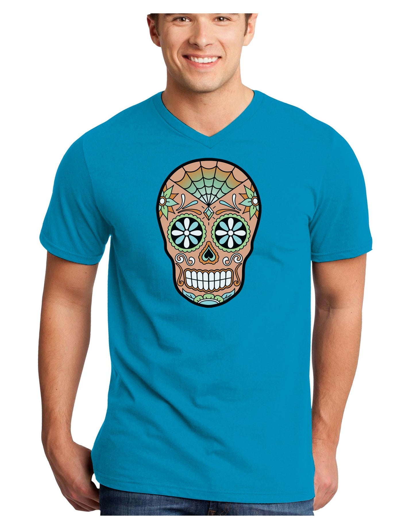 Version 6 Copper Patina Day of the Dead Calavera Adult Dark V-Neck T-Shirt-Mens V-Neck T-Shirt-TooLoud-Turquoise-Small-Davson Sales