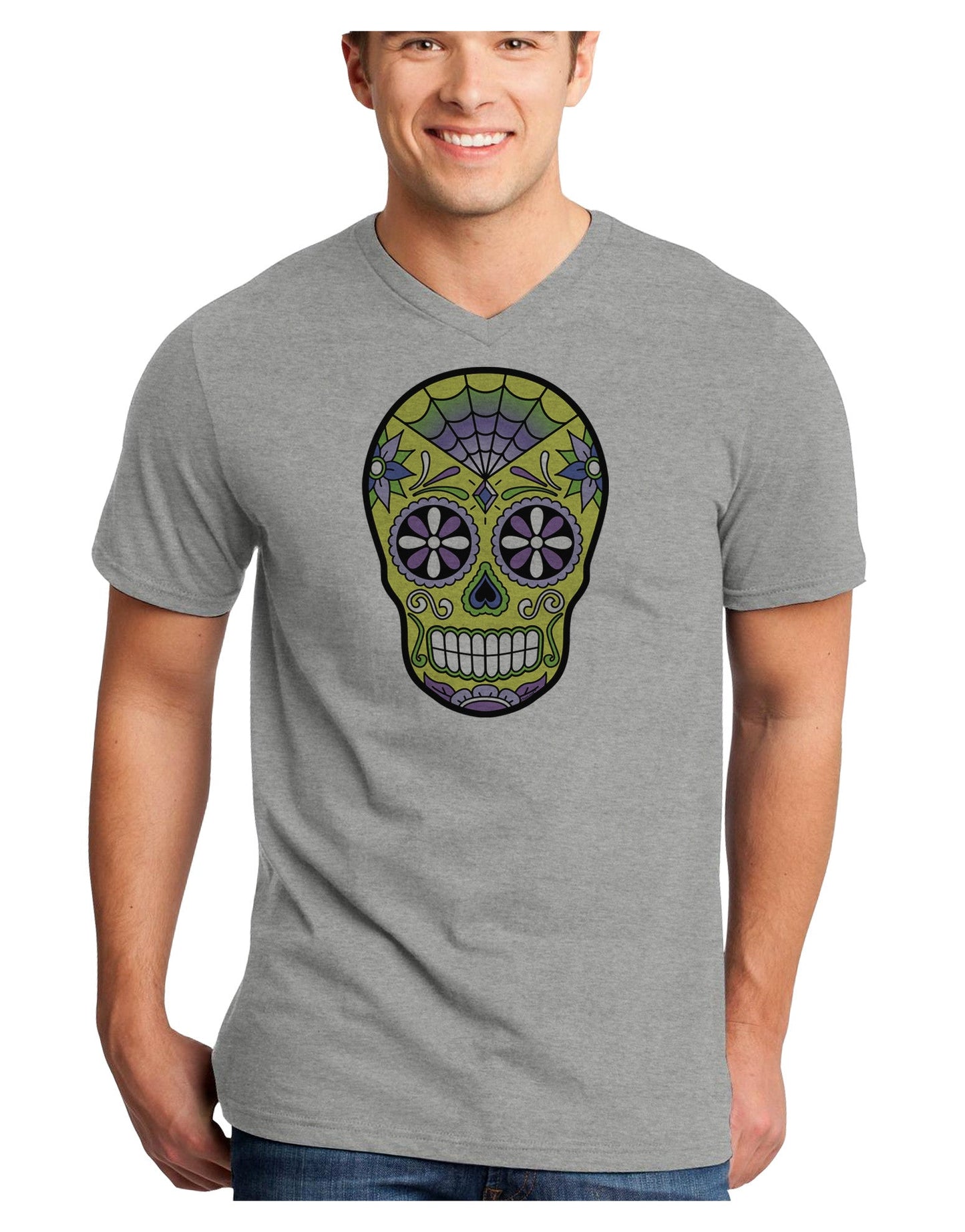 Version 7 Poison Day of the Dead Calavera Adult V-Neck T-shirt-Mens V-Neck T-Shirt-TooLoud-HeatherGray-Small-Davson Sales