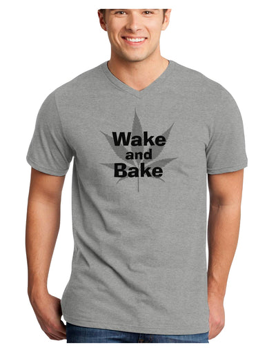 Wake and Bake - Marijuana Leaf B&W Adult V-Neck T-shirt-Mens V-Neck T-Shirt-TooLoud-HeatherGray-Small-Davson Sales