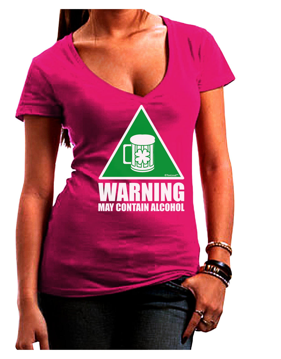 Warning May Contain Alcohol Juniors V-Neck Dark T-Shirt by TooLoud-Womens V-Neck T-Shirts-TooLoud-Black-Juniors Fitted Small-Davson Sales