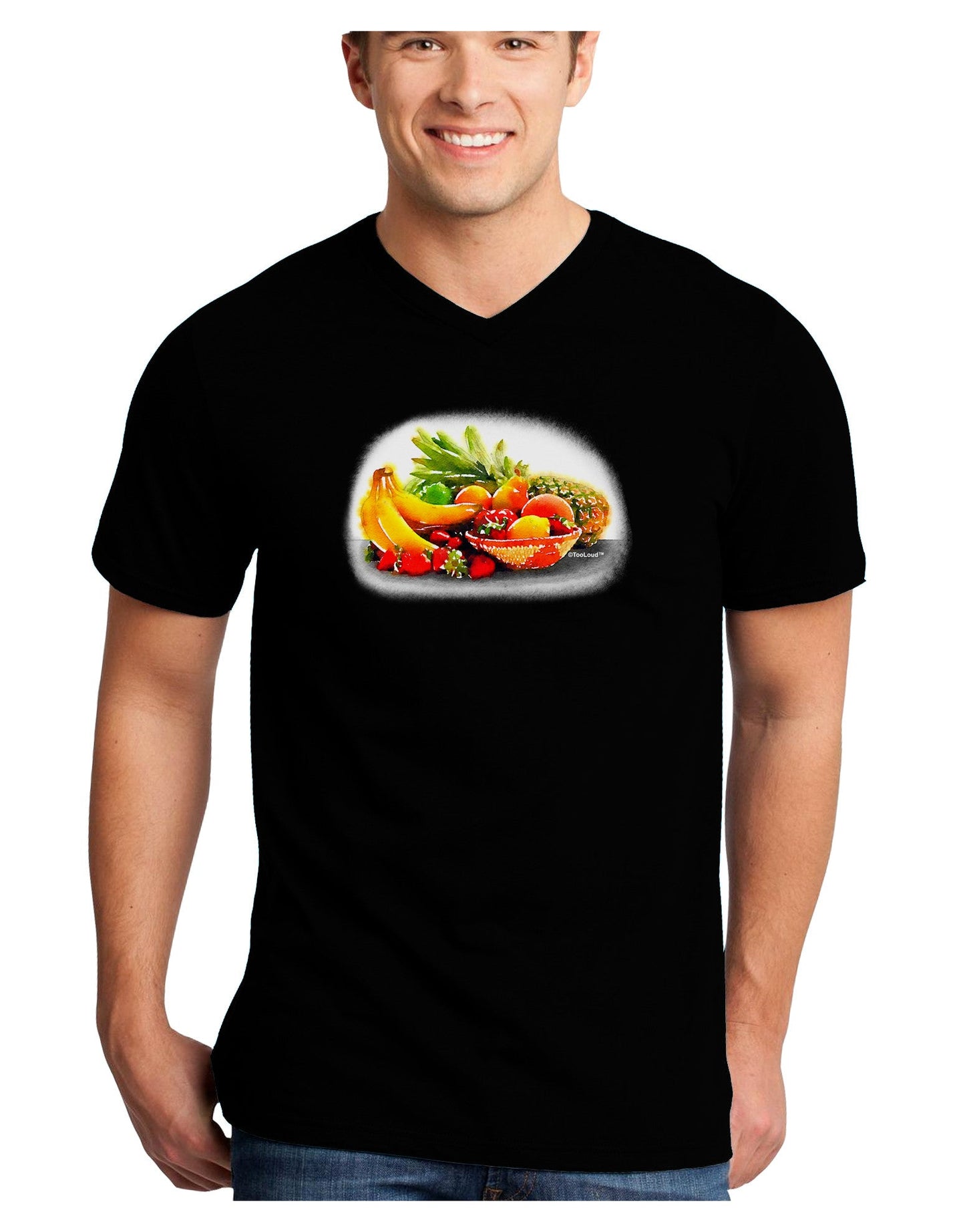 Watercolor Fruit Bowl 1 Adult Dark V-Neck T-Shirt-TooLoud-Black-Small-Davson Sales