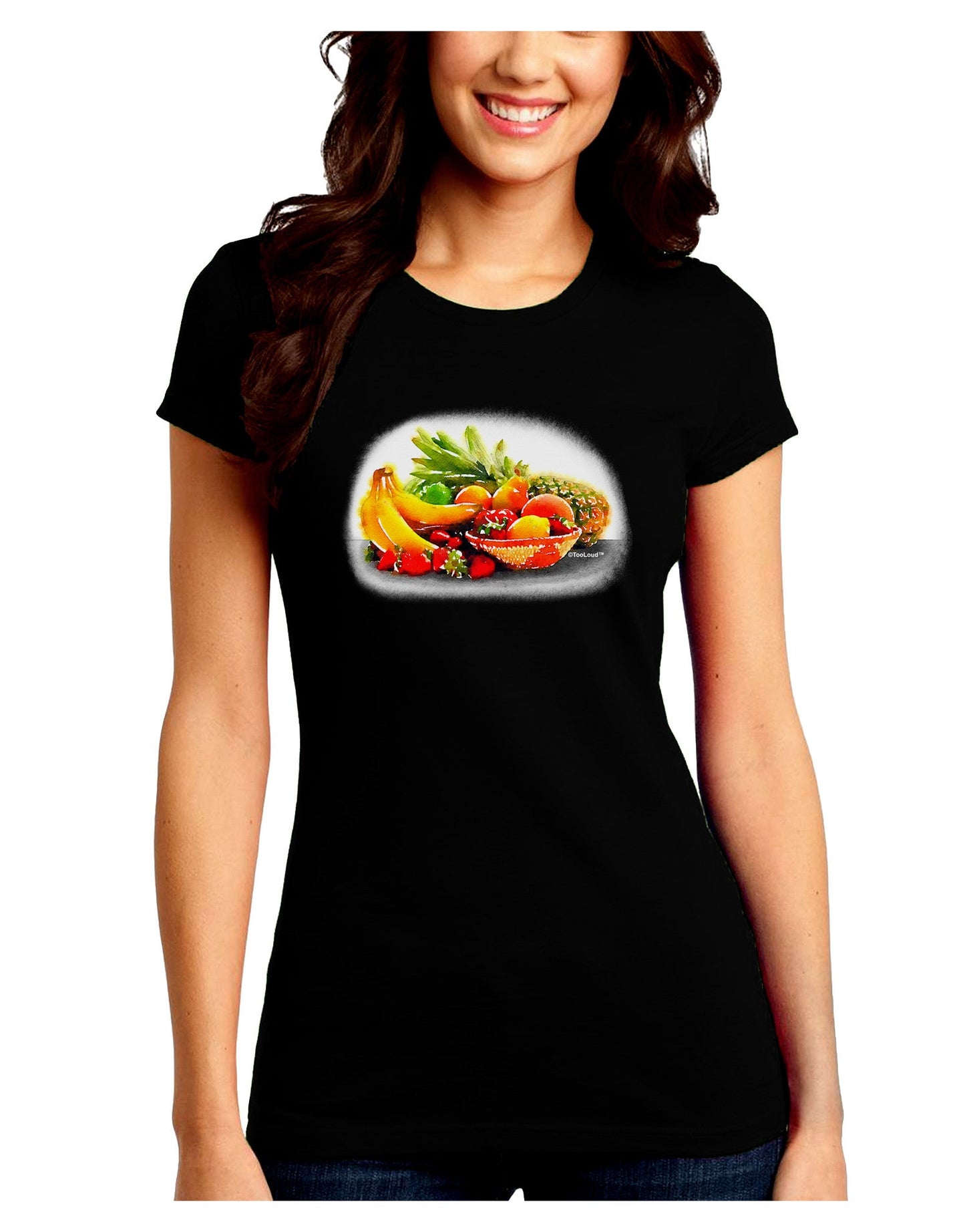 Watercolor Fruit Bowl 1 Juniors Crew Dark T-Shirt-T-Shirts Juniors Tops-TooLoud-Black-Juniors Fitted Small-Davson Sales