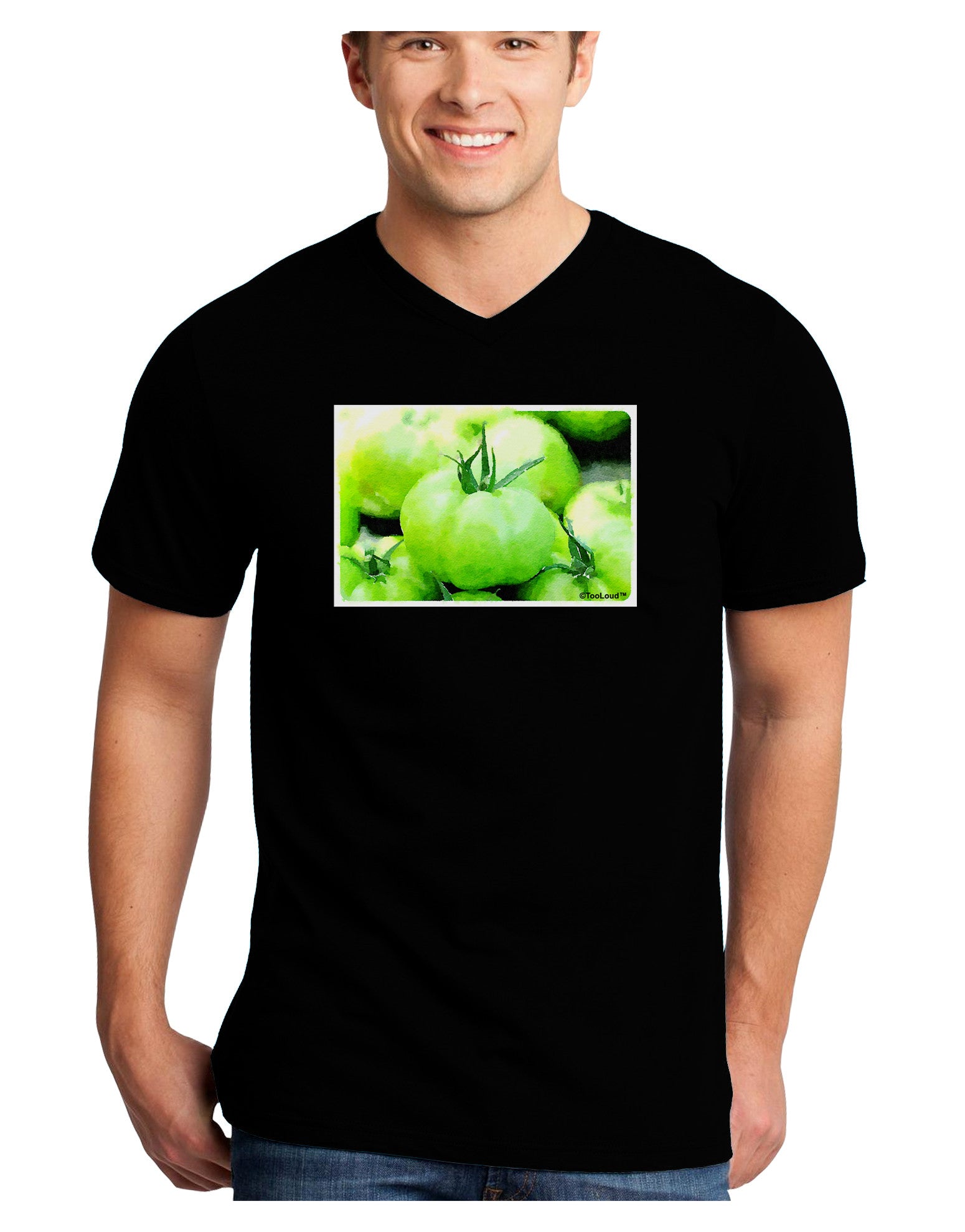 Watercolor Green Tomatoes Adult Dark V-Neck T-Shirt-TooLoud-Black-Small-Davson Sales