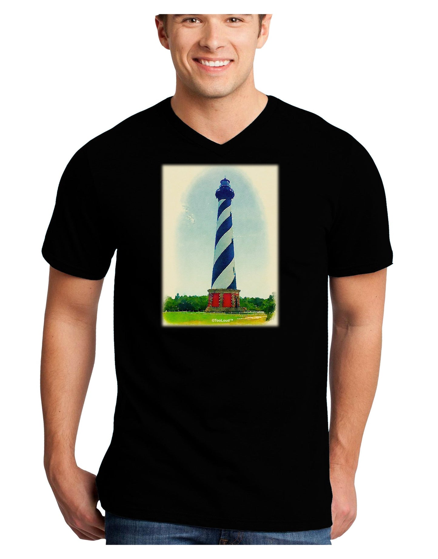 Watercolor Lighthouse 1 Adult Dark V-Neck T-Shirt-TooLoud-Black-Small-Davson Sales